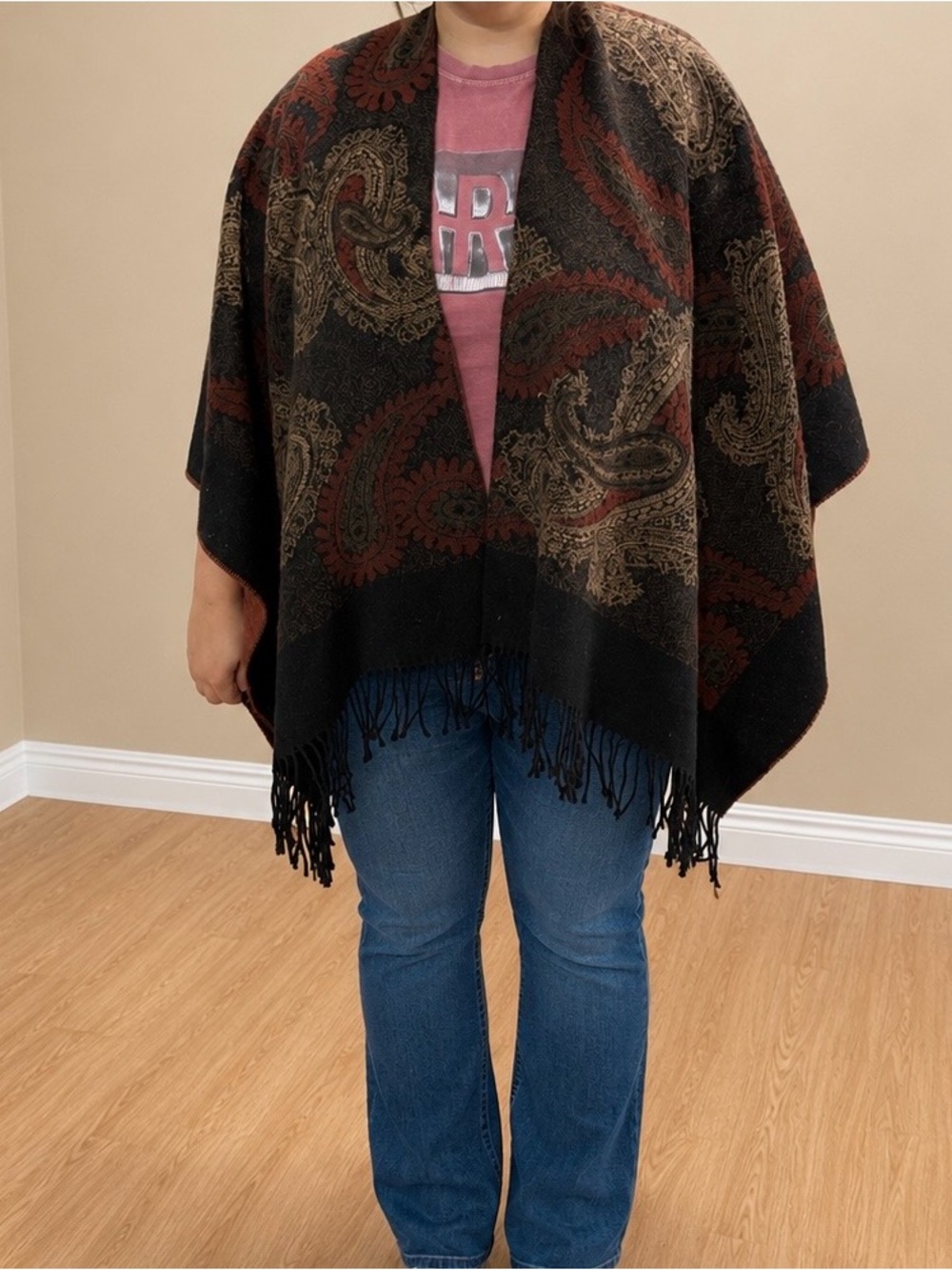 Chico’s Black & Brown Paisley Fringe Shawl Wrap